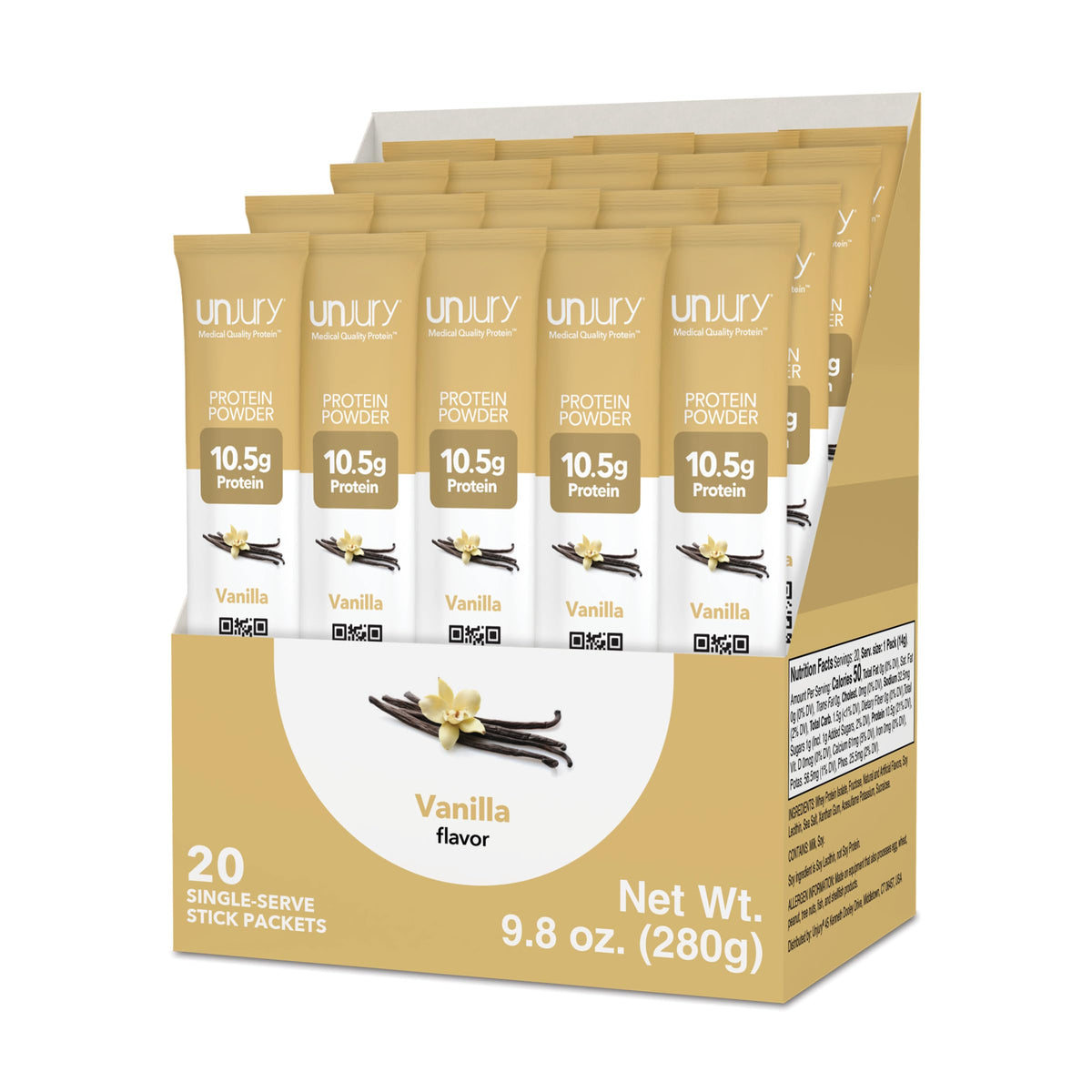 Unjury Vanilla whey isolate stick-pack for quick, high-quality protein on the go.