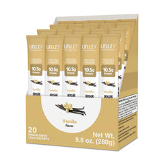 Unjury Vanilla whey isolate stick-pack for quick, high-quality protein on the go.
