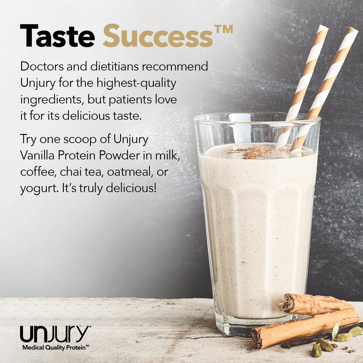 Coffee cup with Unjury vanilla powder mix suggests versatile use in beverages.