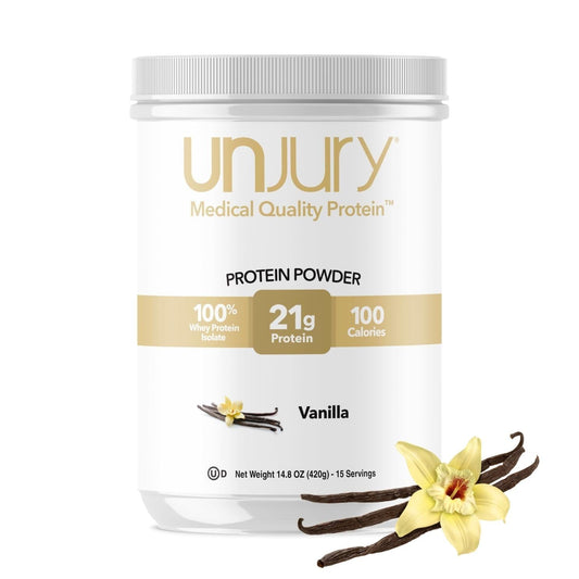 Unjury vanilla whey protein powder jar highlighting premium whey isolate for daily shakes.