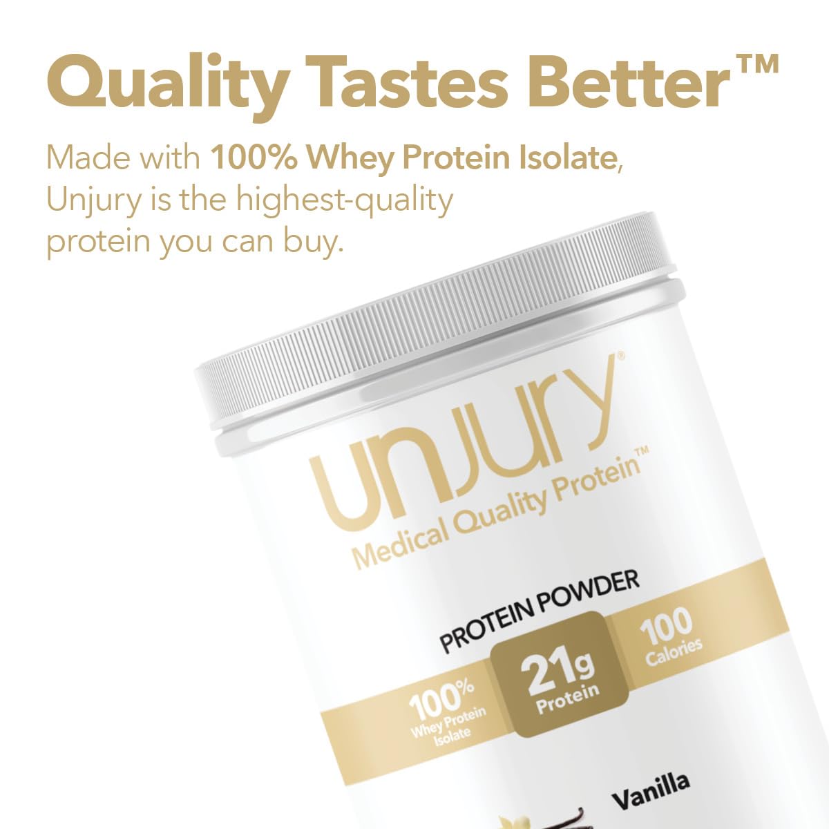 Scooped Unjury vanilla powder beside cup emphasizes 21g protein per serving.