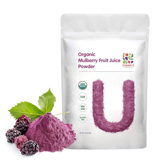 UNLEASH'D ORGANIC Mulberry Juice Powder bottle pouring for easy daily energy.