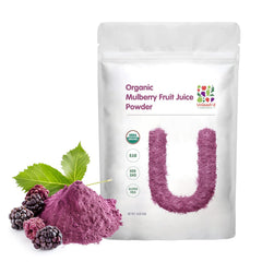 UNLEASH'D ORGANIC Mulberry Juice Powder bottle pouring for easy daily energy.