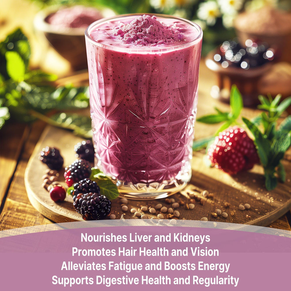 UNLEASH'D ORGANIC Mulberry Juice Powder used in a beauty routine for skin and hair.