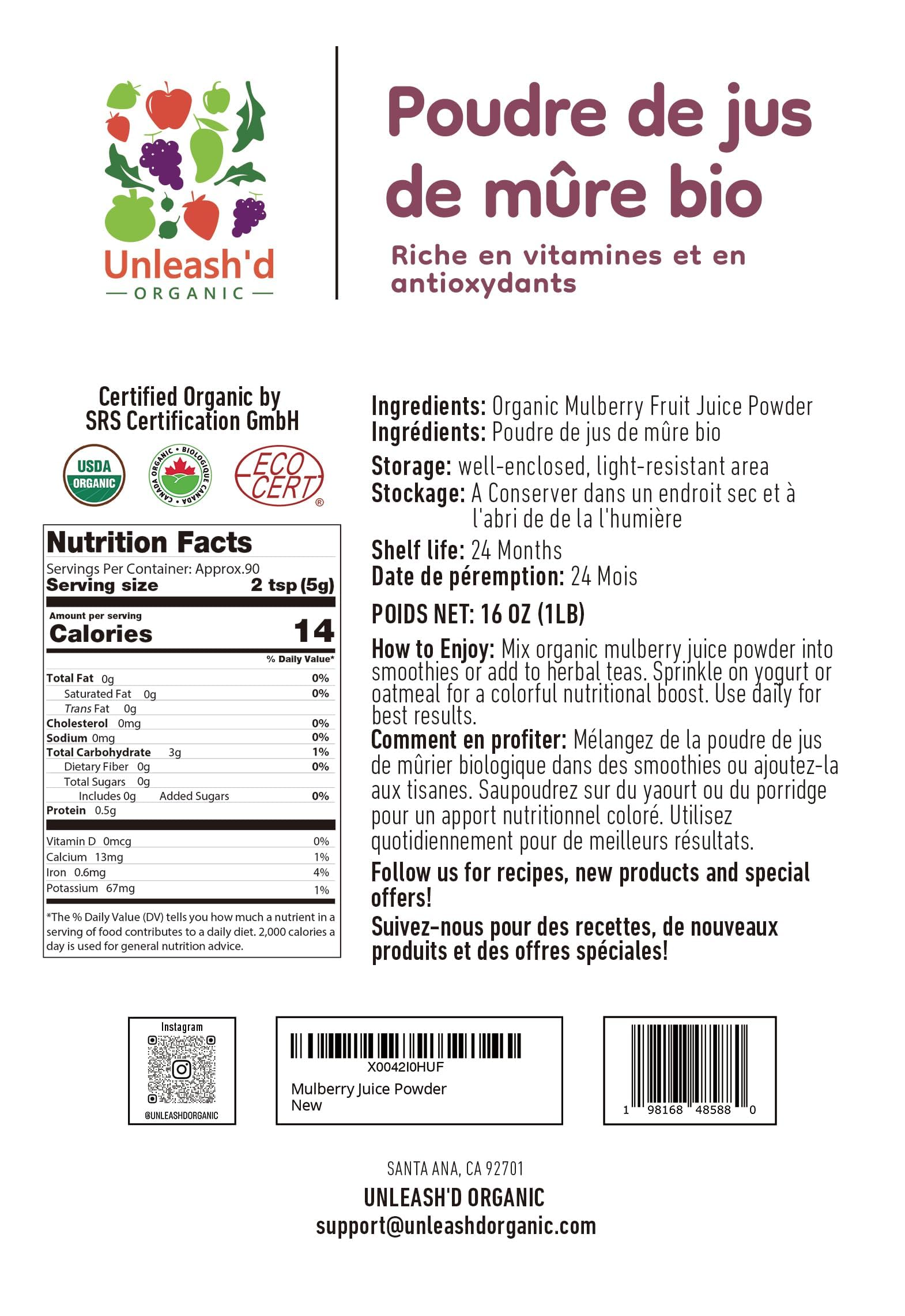 UNLEASH'D ORGANIC Mulberry Juice Powder scoop ready to mix for daily nutrition.