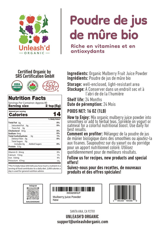 UNLEASH'D ORGANIC Mulberry Juice Powder scoop ready to mix for daily nutrition.