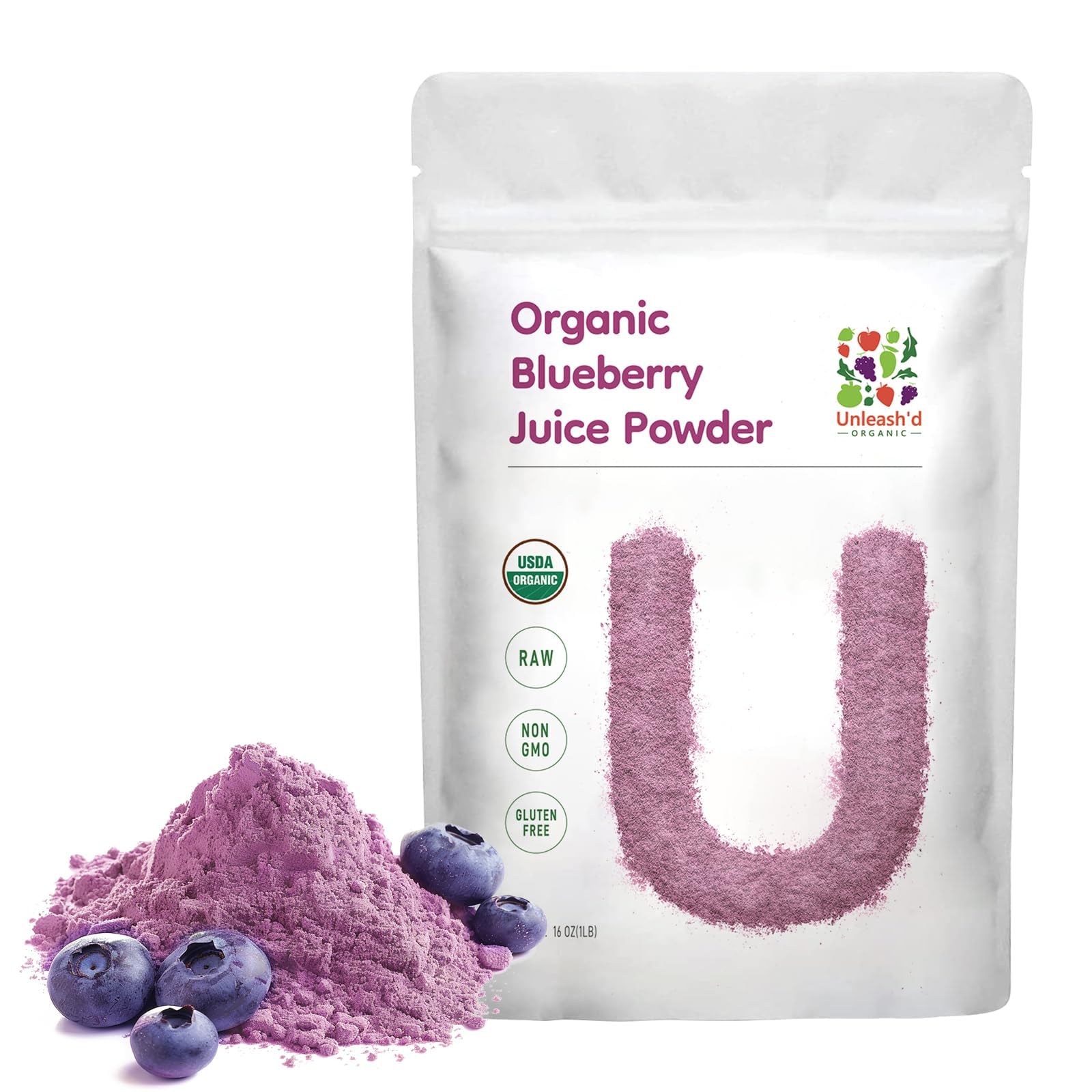 UNLEASH'D ORGANIC Blueberry Powder bottle shows pure, antioxidant-rich daily boost.