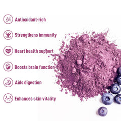 UNLEASH'D ORGANIC Blueberry Powder jar close-up highlights nutrient-dense ingredients.