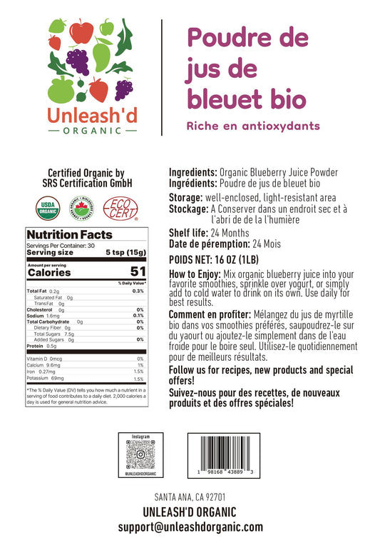 UNLEASH'D ORGANIC Blueberry Powder spoon close-up for easy smoothie boosts.