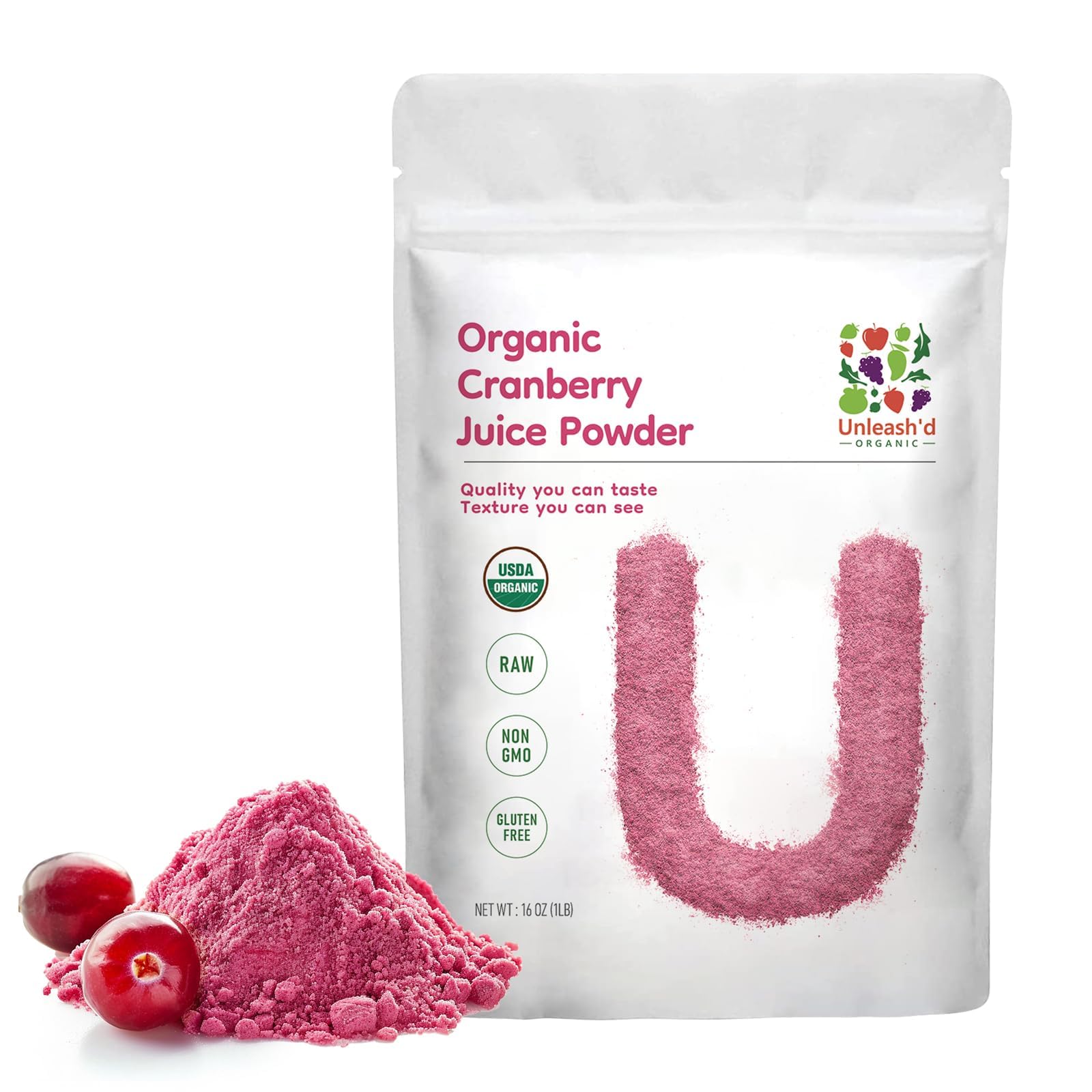 UNLEASH'D ORGANIC cranberry juice powder bottle front showcases pure cranberry goodness for daily wellness.