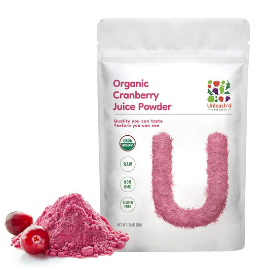 UNLEASH'D ORGANIC cranberry juice powder bottle front showcases pure cranberry goodness for daily wellness.