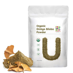 UNLEASH'D ORGANIC Ginkgo Biloba Powder bottle shows pure organic formula for daily nutrient support.