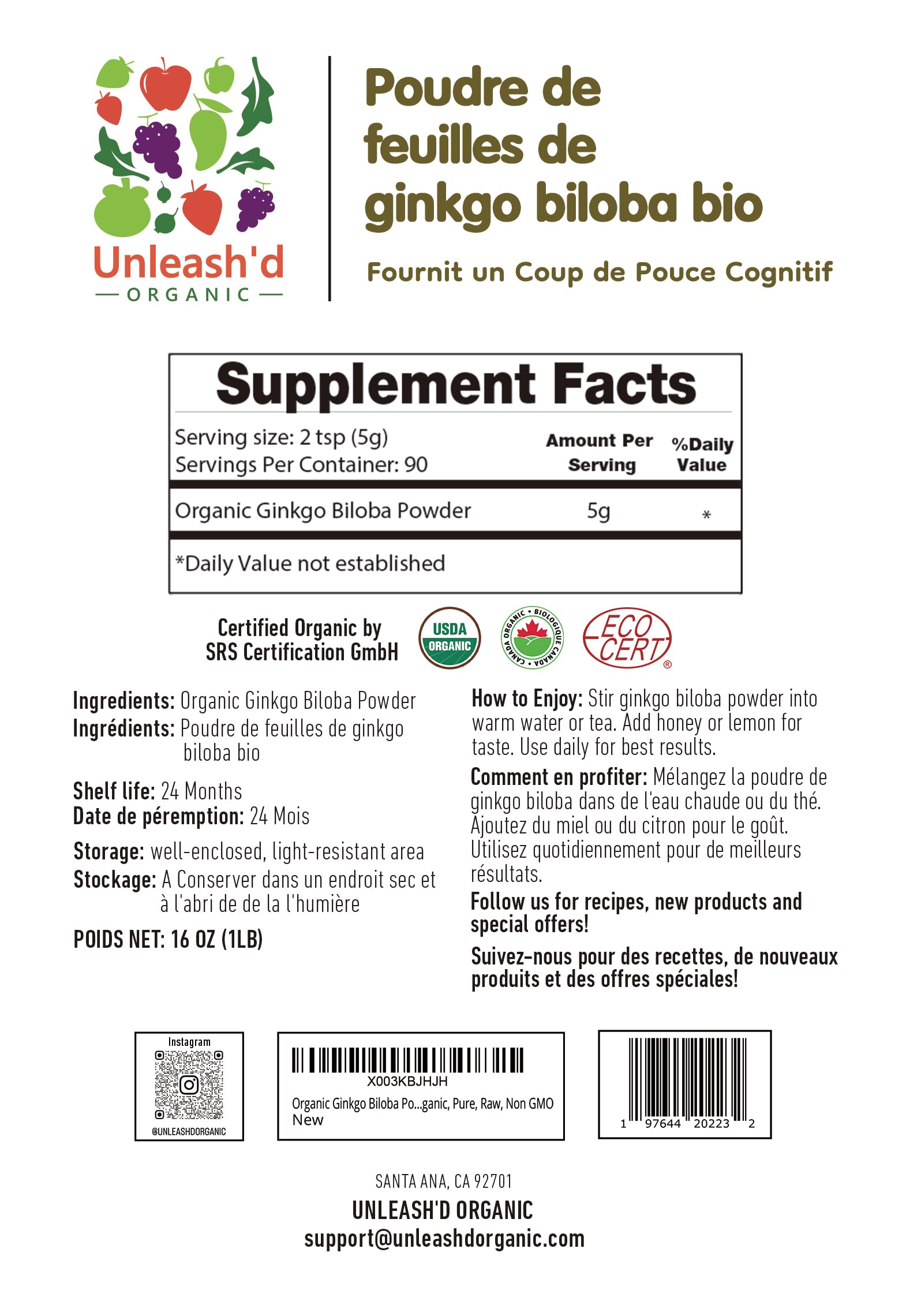 UNLEASH'D ORGANIC Ginkgo Biloba Powder measuring spoon ready for portioning.