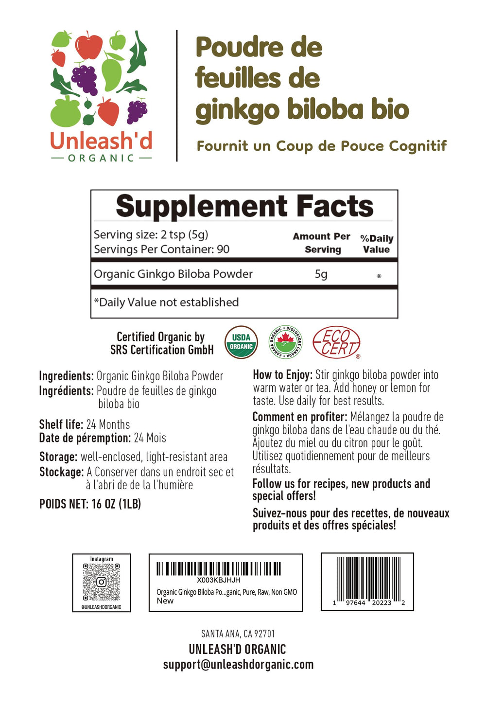 UNLEASH'D ORGANIC Ginkgo Biloba Powder measuring spoon ready for portioning.