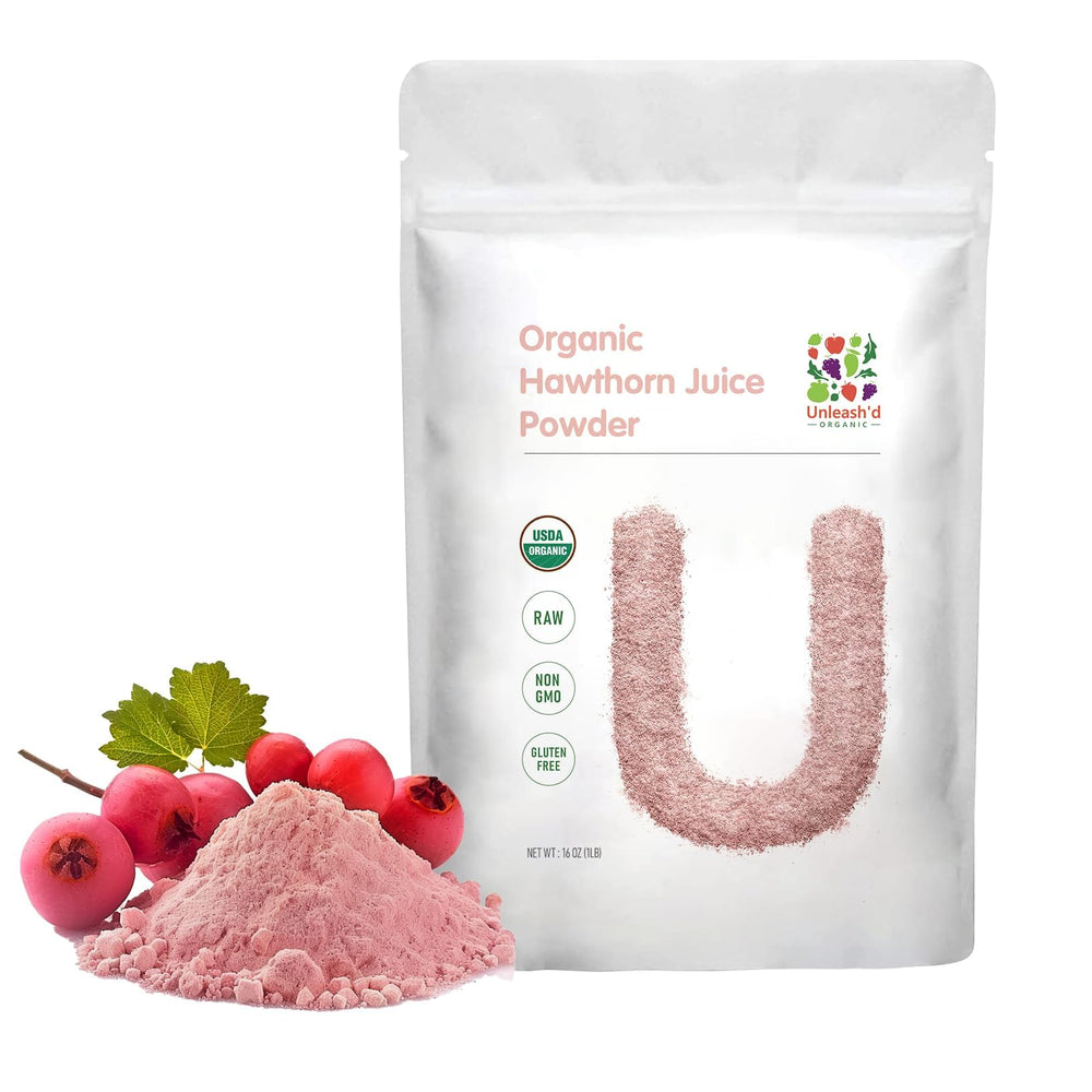 UNLEASHD ORGANIC Hawthorn juice powder in a jar, ready to mix into smoothies.