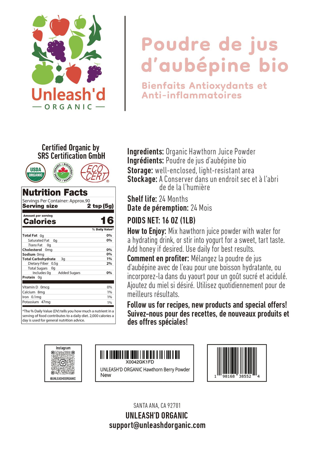 UNLEASHD ORGANIC Hawthorn powder scoop beside a glass.