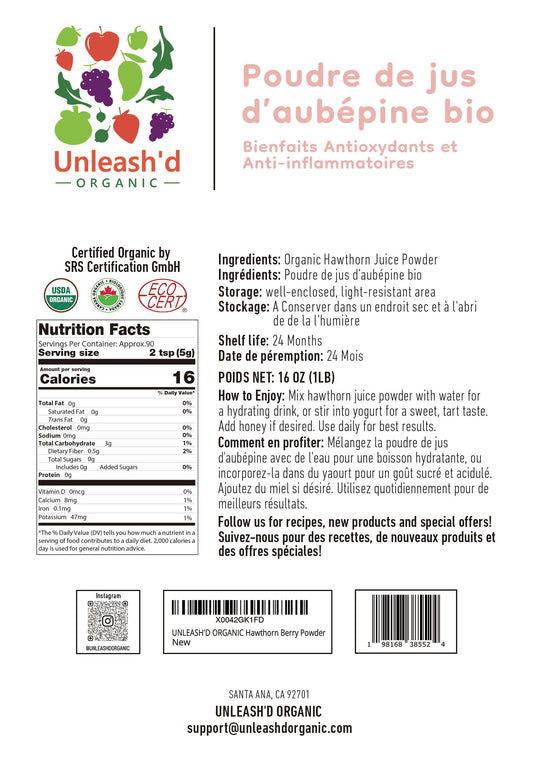 UNLEASHD ORGANIC Hawthorn powder scoop beside a glass.