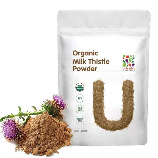 UNLEASH'D ORGANIC Milk Thistle Powder 16oz bottle front for pure plant-based daily wellness
