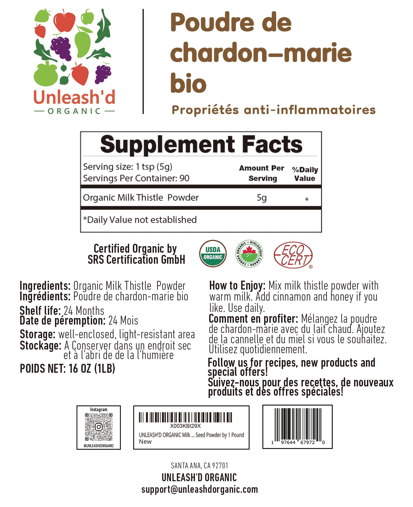 UNLEASH'D ORGANIC Milk Thistle Powder with scoop demonstrates easy daily use for wellness