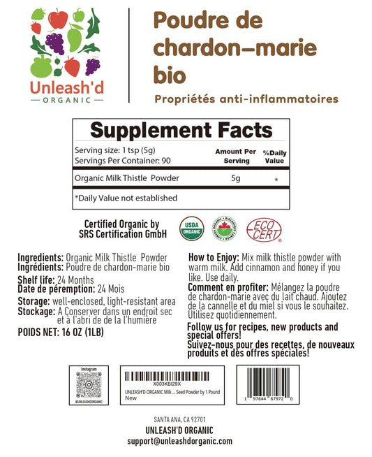 UNLEASH'D ORGANIC Milk Thistle Powder with scoop demonstrates easy daily use for wellness