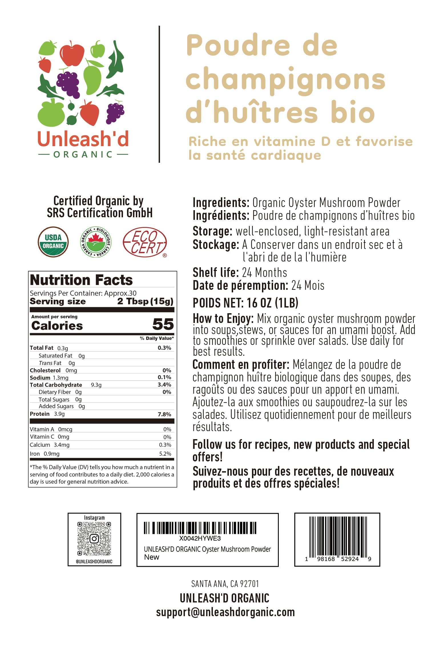 UNLEASH'D ORGANIC oyster mushroom powder scoop for quick protein boosts