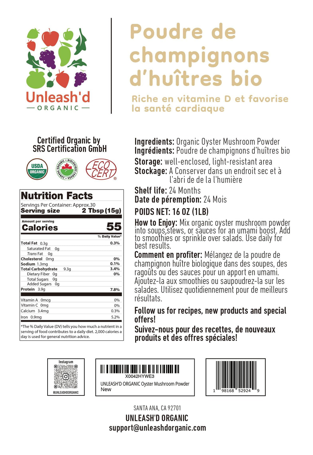 UNLEASH'D ORGANIC oyster mushroom powder scoop for quick protein boosts