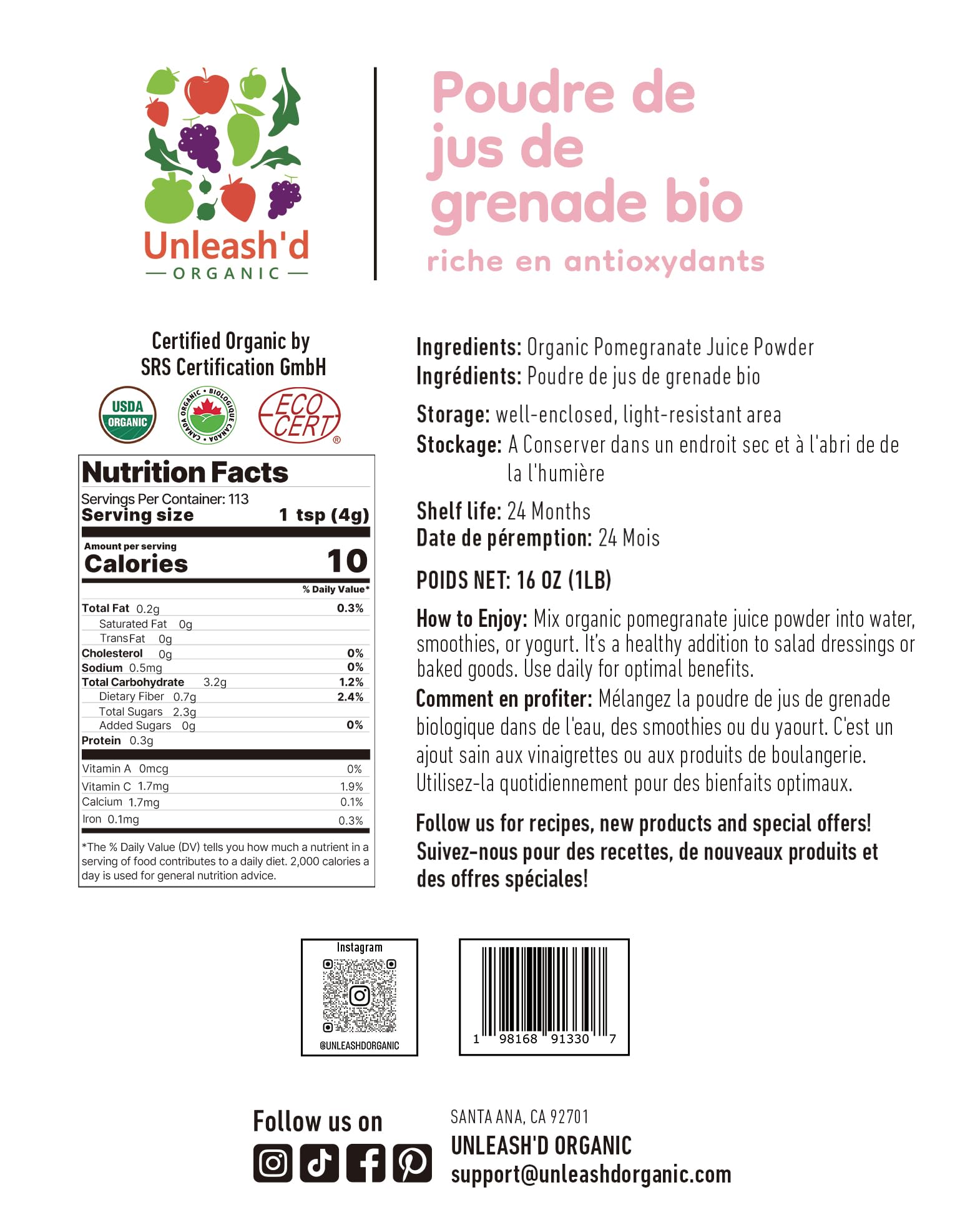 UNLEASH'D ORGANIC pomegranate powder bottle side view highlighting freshness and resealability