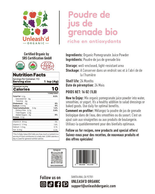 UNLEASH'D ORGANIC pomegranate powder bottle side view highlighting freshness and resealability