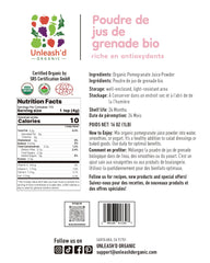UNLEASH'D ORGANIC pomegranate powder bottle side view highlighting freshness and resealability