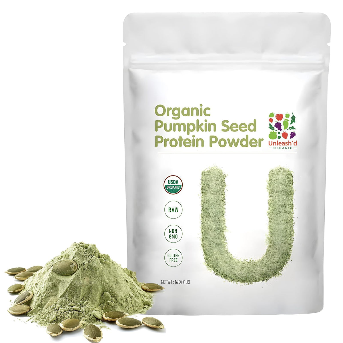 UNLEASH'D ORGANIC pumpkin seed protein powder bottle promotes clean, plant-based nutrition for daily energy.