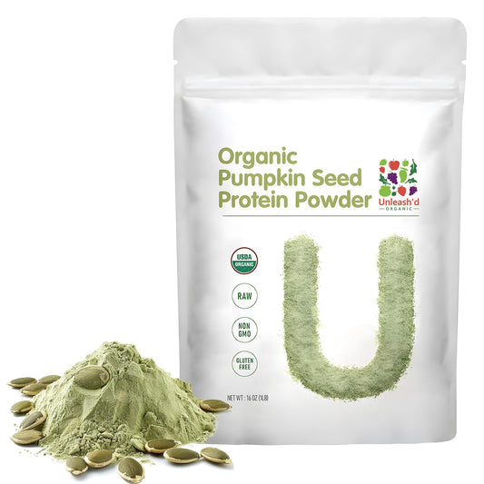 UNLEASH'D ORGANIC pumpkin seed protein powder bottle promotes clean, plant-based nutrition for daily energy.