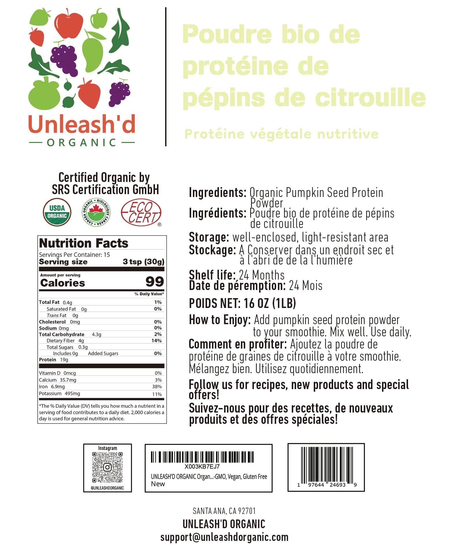 UNLEASH'D ORGANIC pumpkin seed protein powder scoop demonstrates easy portioning for smoothies.