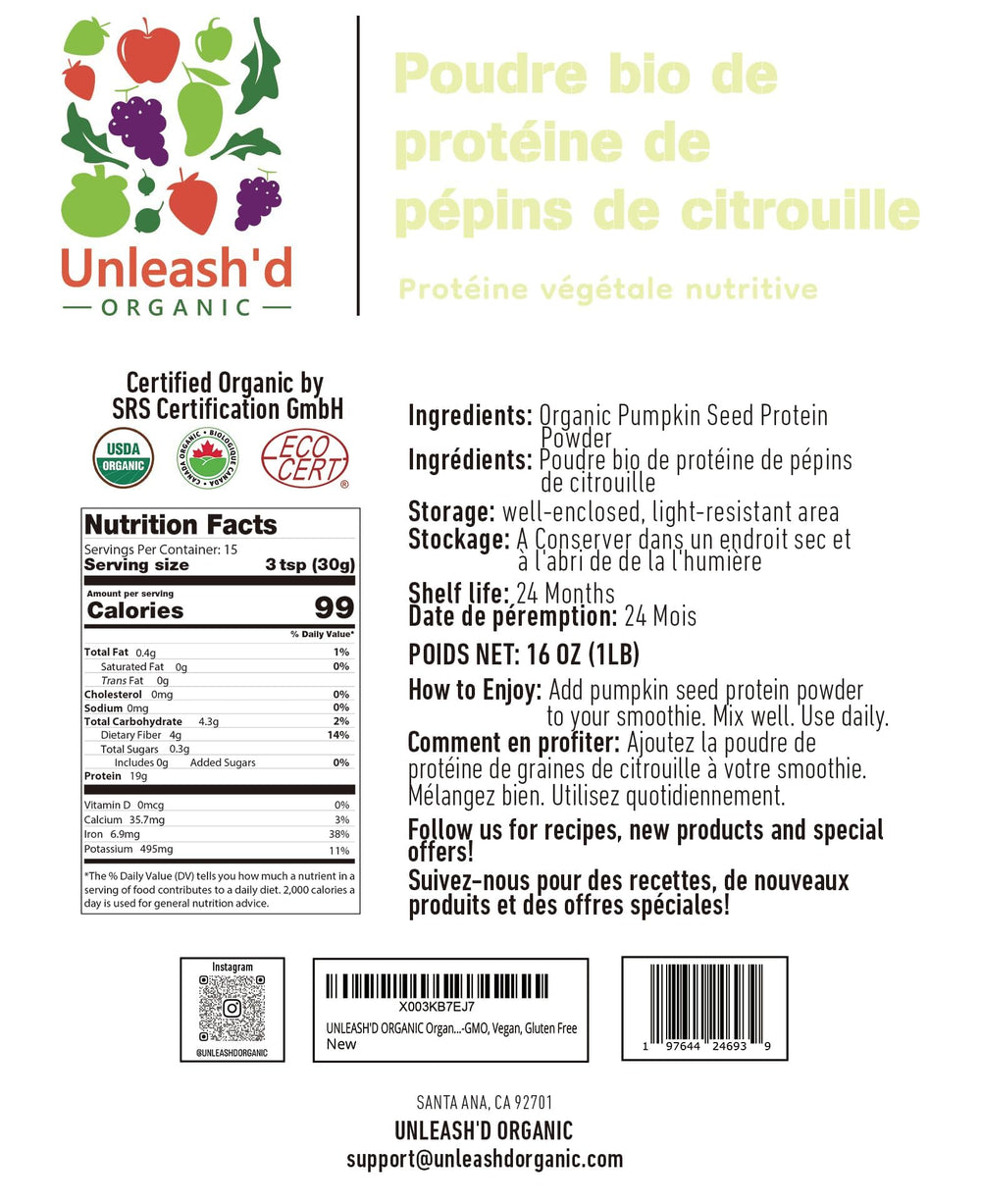 UNLEASH'D ORGANIC pumpkin seed protein powder scoop demonstrates easy portioning for smoothies.