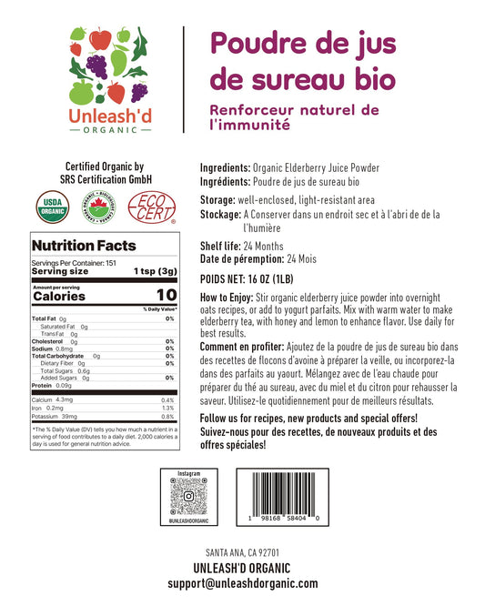 UNLEASH'D ORGANIC elderberry powder scoop easy smoothie addition