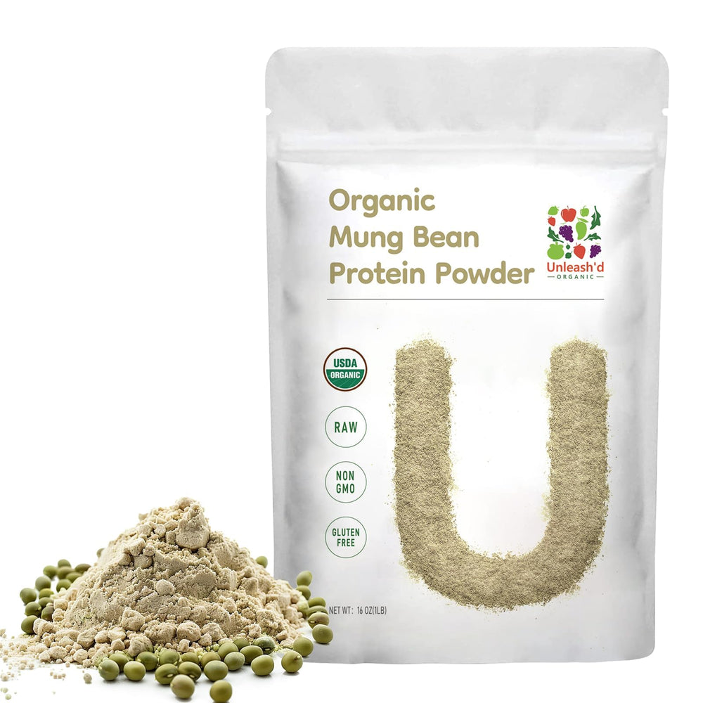 UNLEASH'D ORGANIC mung bean protein powder bottle highlights high-quality organic protein.