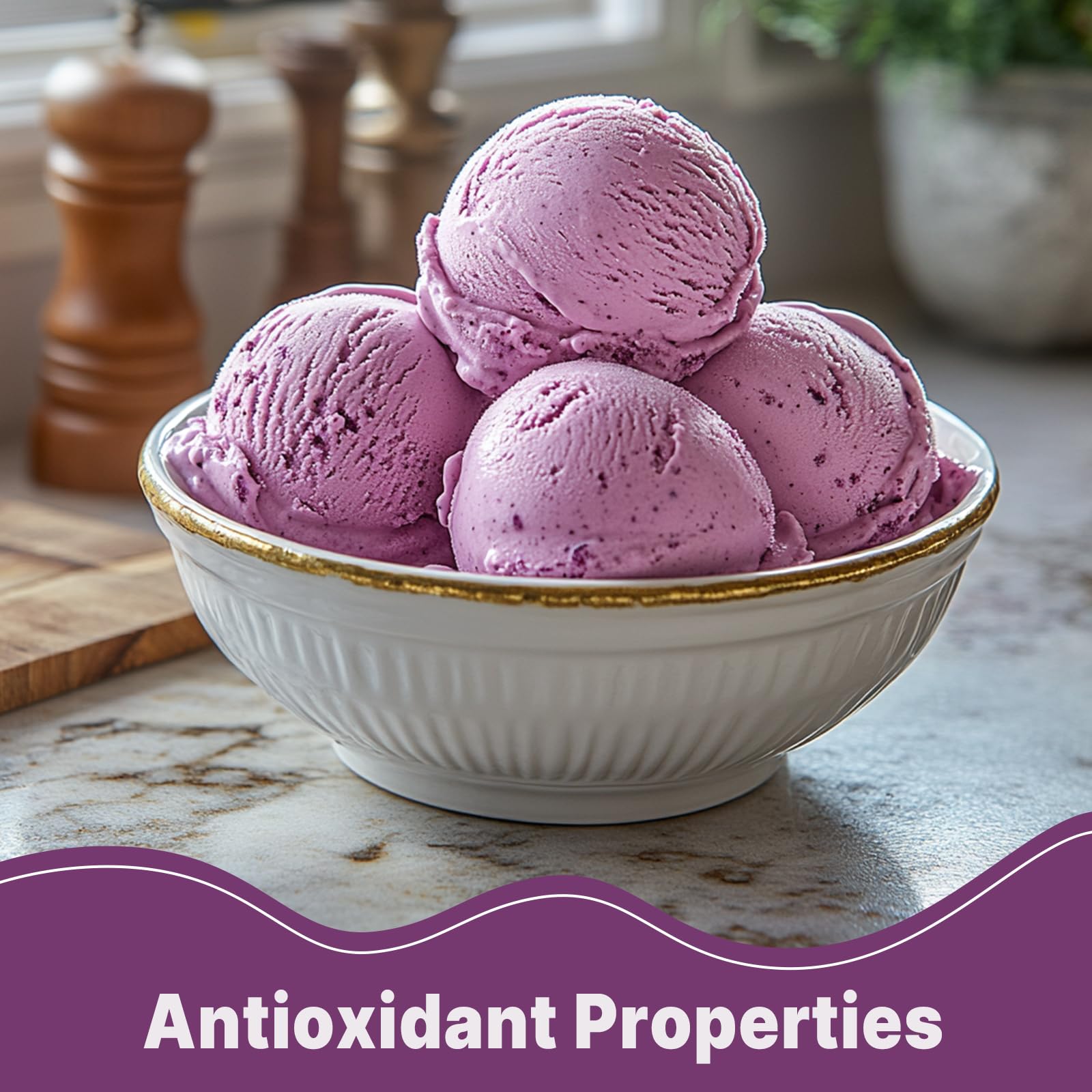 Pouring UNLEASH'D ORGANIC Purple Potato Powder into a smoothie for color and nutrients.
