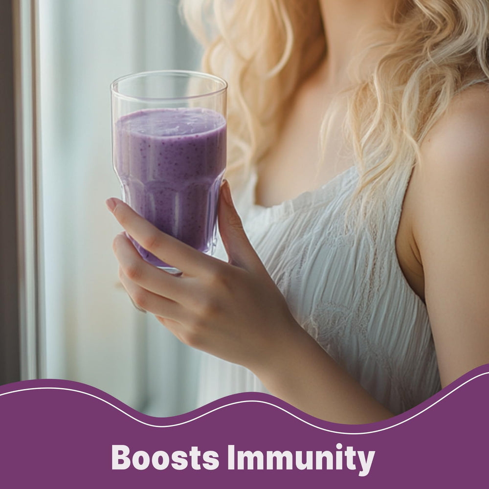 Spoonful of UNLEASH'D ORGANIC Purple Potato Powder for quick daily use.