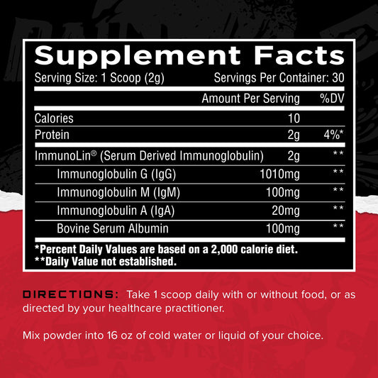 Unmatched Immuno-IGG colostrum powder with measuring scoop for easy daily servings.