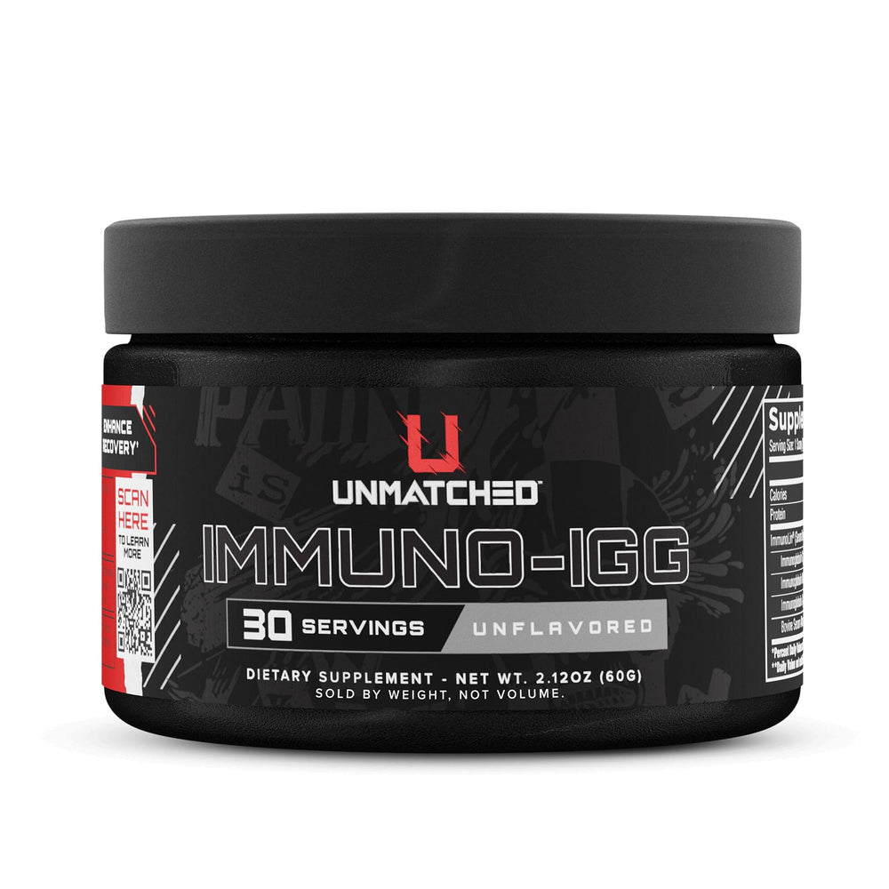 Unmatched Immuno-IGG colostrum powder in unflavored jar supports gut health and immune resilience.