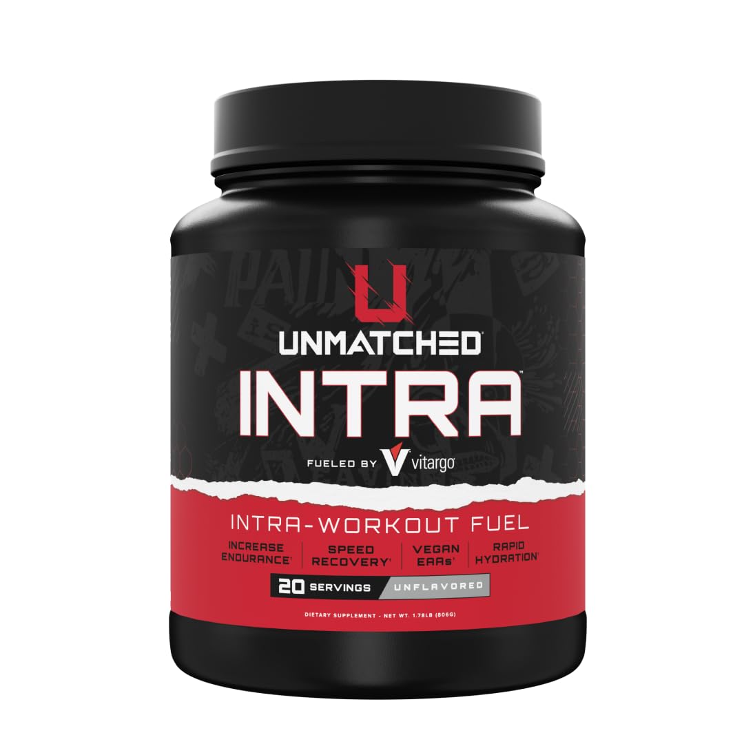 Unmatched Intra Workout Powder bottle shows fast-acting carbs for steady training energy.