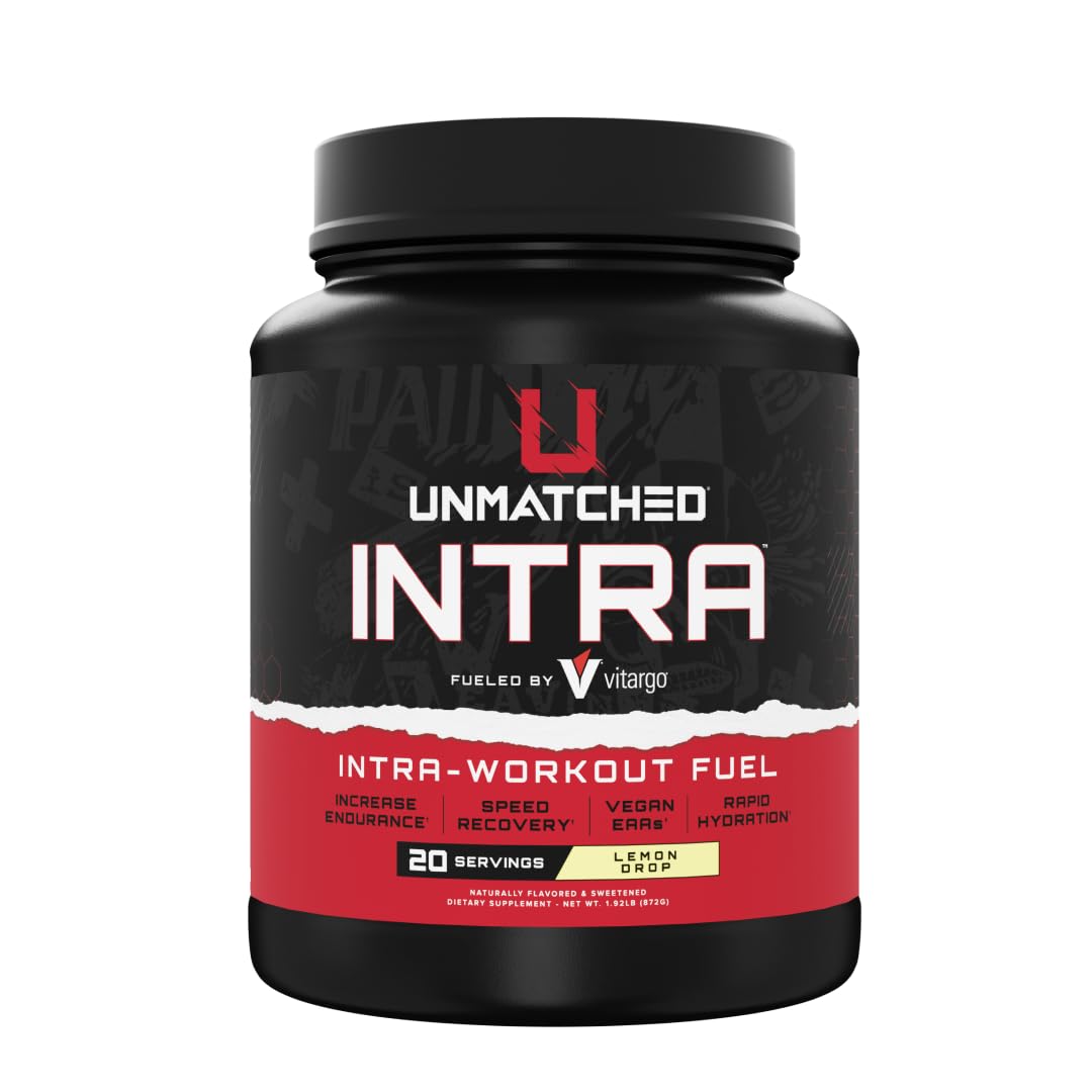 Unmatched Intra-Workout Powder bottle highlighting energy and hydration features