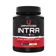Unmatched Intra-Workout Powder bottle highlighting energy and hydration features