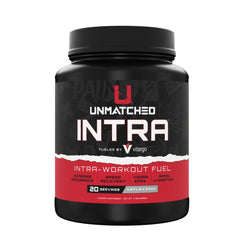 Unmatched Intra Workout Powder bottle shows fast-acting carbs for steady training energy.