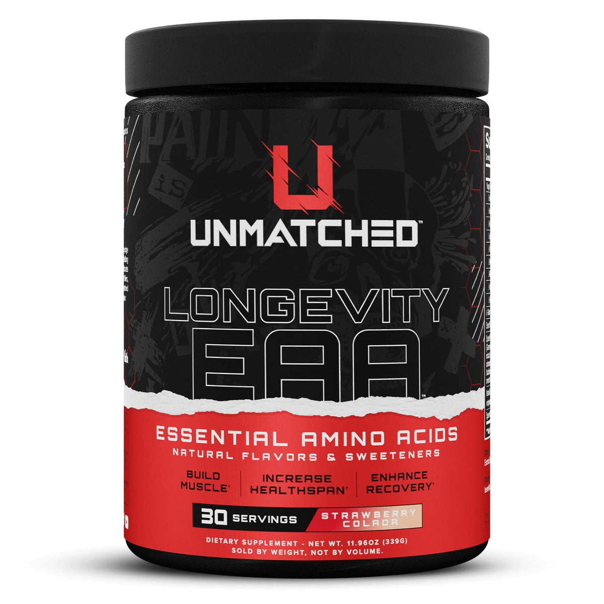 Unmatched Longevity EAA bottle front showing strawberry colada flavor for recovery support.
