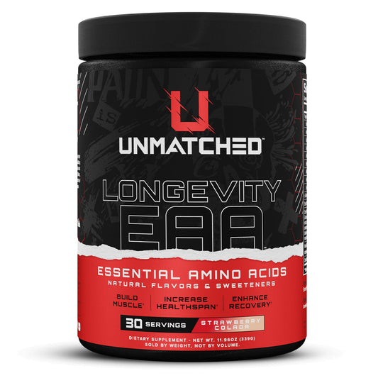 Unmatched Longevity EAA bottle front showing strawberry colada flavor for recovery support.