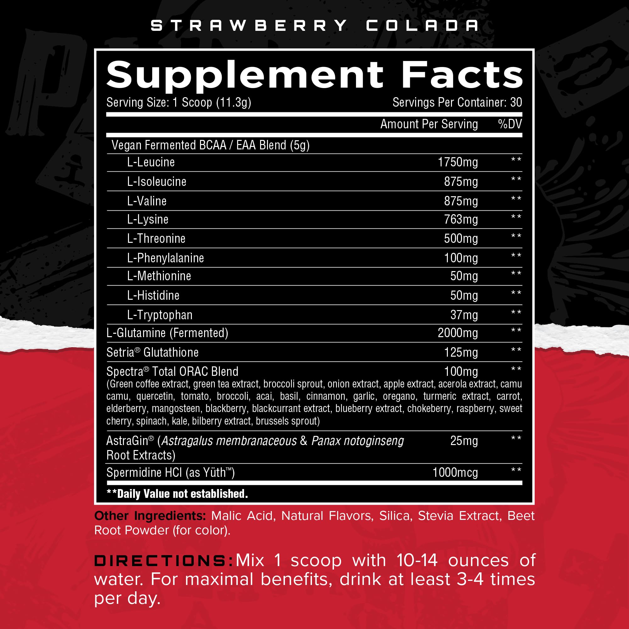 Close-up of bottle label highlighting Setria Glutathione and spermidine ingredients.