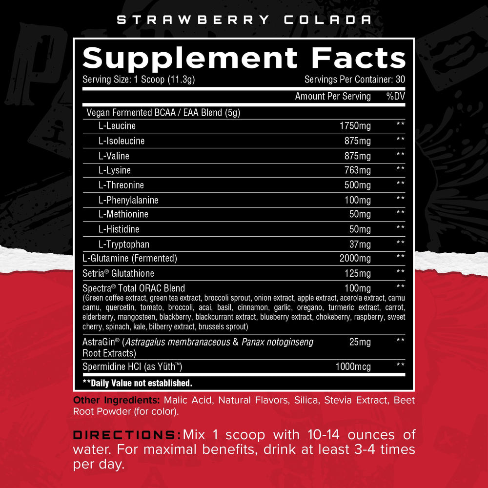 Close-up of bottle label highlighting Setria Glutathione and spermidine ingredients.