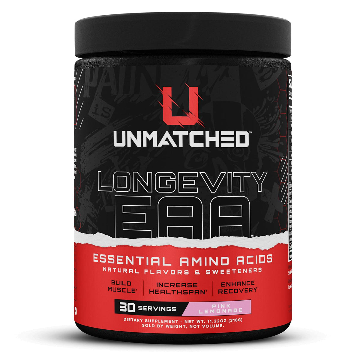 Unmatched Longevity EAA pink lemonade bottle ready for post-workout recovery
