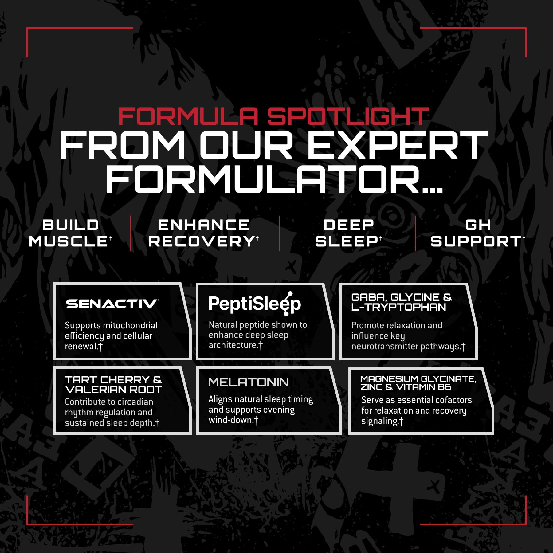 Unmatched Longevity Sleep magnesium and zinc components shown for overnight muscle relaxation