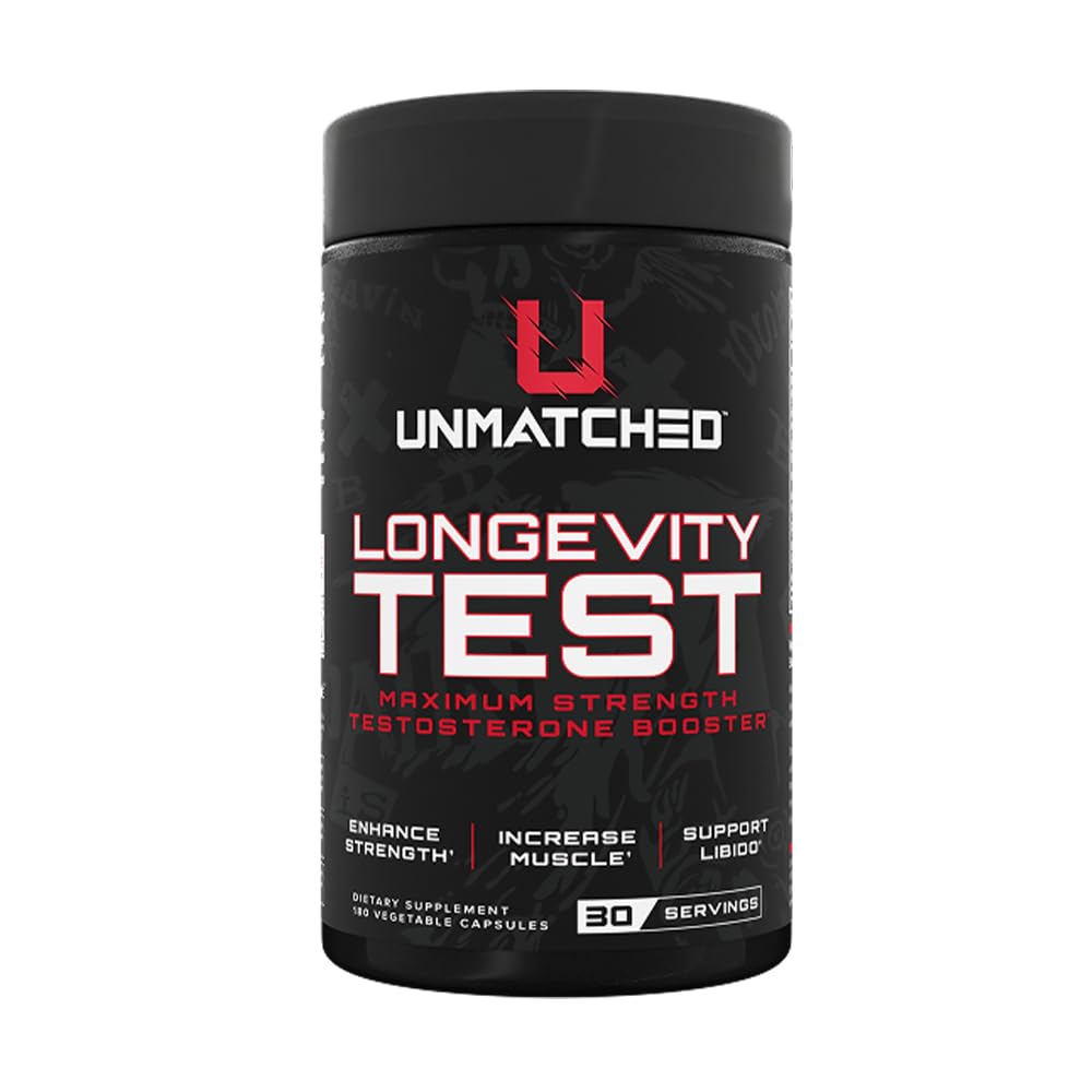 Unmatched Longevity Test bottle demonstrating natural testosterone support for daily vigor.